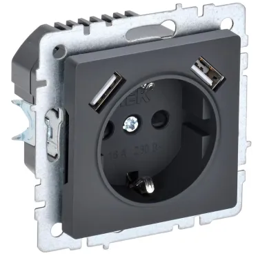 BRITE Розетка 1 пост с заземлением с защитными шторками 16А с USB A+A 5В 3,1А РЮш10-2-БрГ графит