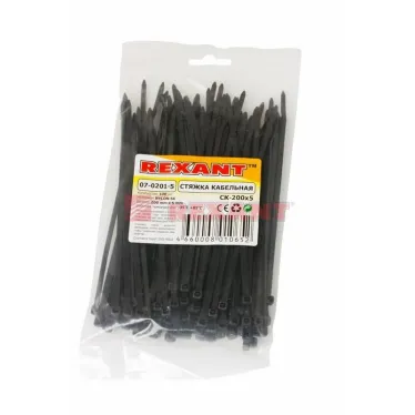 Хомут-стяжка кабельная нейлоновая 200x4,8 мм, черная, упаковка 100 шт, REXANT