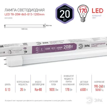 Лампа светодиодная LED 20Вт G13 6500K 1200мм Т8 1600Лм труб пов хол