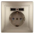 Розетка Intro Plano 1-410-04 с заземлением 2P+E Schuko со шторками, 16А-250В + 2хUSB 5В-2,1А, IP20, СУ, шампань