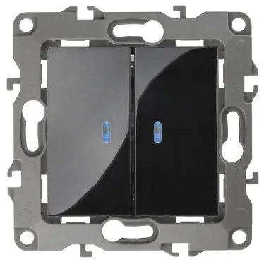 Выключатель двойной с подсветкой, 10АХ-250В, Эра12, чёрный,12-1105-06