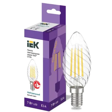 Лампа светодиодная CT35 свеча витая прозрачная 7Вт 230В 4000К E14 серия 360° IEK