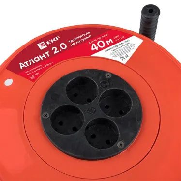 Удлинитель на катушке Атлант 2.0 4 гнезда 40м без заземления ПВС 2x0.75 6А/1.3кВт PROxima