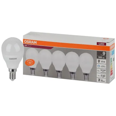 Лампа светодиодная LED 7 Вт E14 6500К 560Лм шарик 220 В (замена 60Вт) OSRAM упак 5 шт