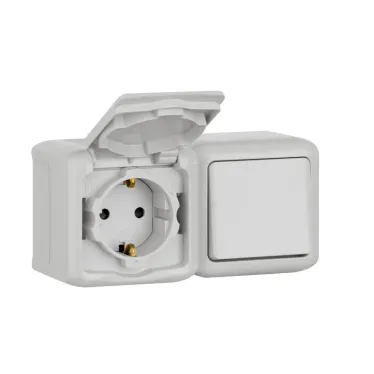 Quteo Блок: Выключатель + розетка с заземлением со шторками наружный серый IP44