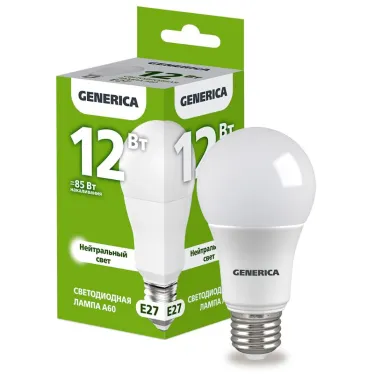 Лампа светодиодная A60 груша 12Вт 230В 4000К E27 GENERICA