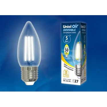 LED-C35-5W/WW/E27/CL/DIM GLA01TR Лампа светодиодная диммируемая. Форма свеча, прозрачная. Серия Air. Теплый белый свет (3000K). Картон. ТМ