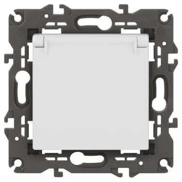 Розетка 2P+E Schuko со шторками с крышкой, 16А-250В, Эра Elegance, белый, 14-2103-01