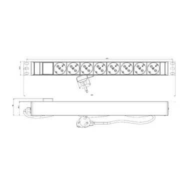 Блок розеток для 19' шкафов. горизонтальный. 8 розеток Schuko. выключатель с подсветкой. кабель питания 2.5м (3х1.5мм2) с вилкой Schuko 16A. 250В. 482.6x44.4x44.4мм (ШхГхВ). корпус алюминий