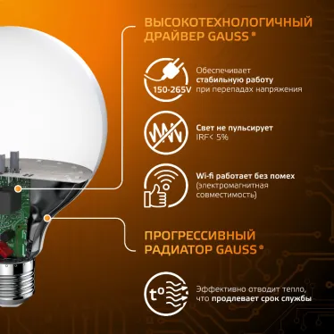 Лампа светодиодная LED 16 Вт 1480 лм 3000К шар G95 теплый E27 AC 220В Black Gauss