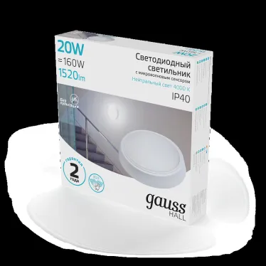 Светильник светодиодный ДБП 20 Вт 1520 лм 4000К AC 220В Белый IP40 круг D180х33мм Пластик ЖКХ с оптико-микроволновым датчиком движения HALL Gauss