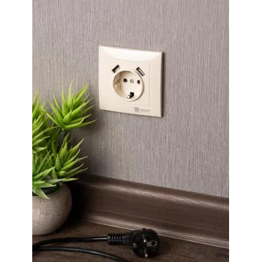 Валенсия розетка 1-местная с/з 16А кремовая с защ. штор. с 2 USB 2,1А