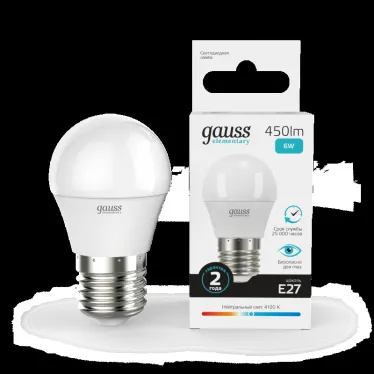 Лампа светодиодная LED 6 Вт 450 лм 4100К шар P45 нейтральный E27 AC 220В Elementary Gauss