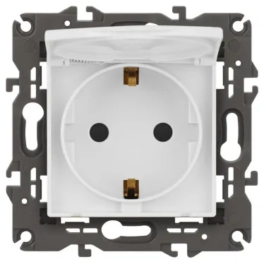 Розетка 2P+E Schuko со шторками с крышкой, 16А-250В, Эра Elegance, белый, 14-2103-01