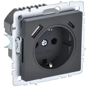 BRITE Розетка с заземлением с защитными шторками 16А с USB A+C 18Вт РЮш11-1-БрГ графит