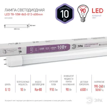 Лампа светодиодная LED 10Вт G13 6500K 600мм Т8 800Лм труб пов хол