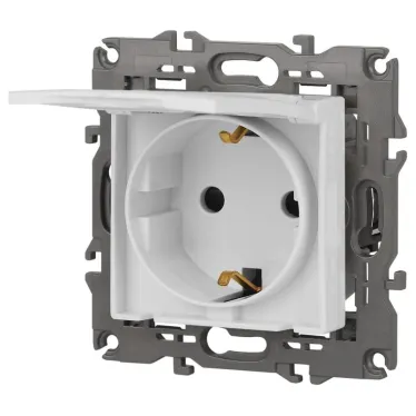 Розетка 2P+E Schuko со шторками с крышкой, 16А-250В, Эра Elegance, белый, 14-2103-01