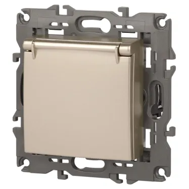 Розетка 2P+E Schuko со шторками с крышкой, 16А-250В, Эра Elegance, шампань, 14-2103-04