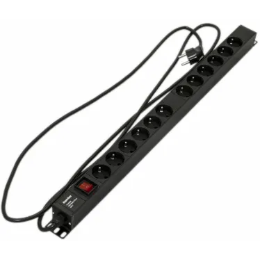 Блок розеток вертикальный, 18 розеток Schuko, амперметр, кабель питания 3м (5х6.0мм2) с вилкой IEC 60309 16А, 380В, корпус алюминий, черный