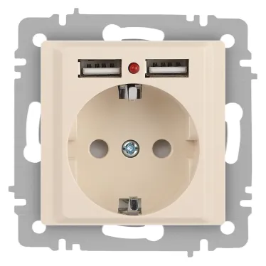 Розетка Intro Accent 6-410-02 , P+E Schuko со шторками, 16А-250В + 2хUSB, IP20, СУ, слоновая кость