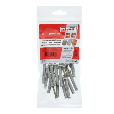 Дюбель-гвоздь 6х40 грибовидный бортик, полипропилен (16шт)