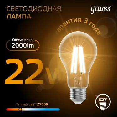 Лампа светодиодная Filament А70 22W 2000lm 2700К Е27 LED 1/10/40 | 102902122 | Gauss