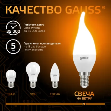 Лампа светодиодная Gauss LED Свеча на ветру E14 9.5W 890lm 3000K | 104101110 | Gauss