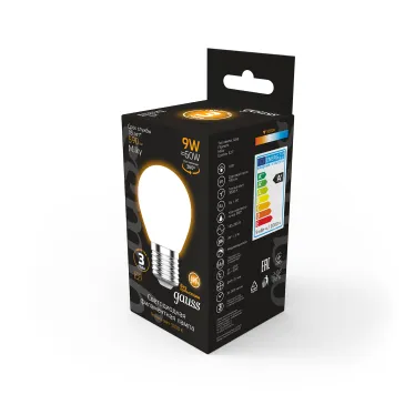 Лампа светодиодная Filament Шар 9W 590lm 3000К Е27 milky LED 1/10/50 | 105202109 | Gauss