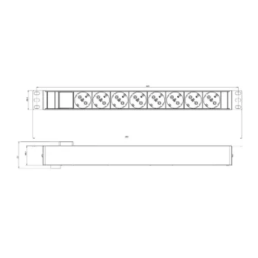 Блок розеток для 19' шкафов. горизонтальный. 8 розеток Schuko. выключатель с подсветкой. без кабеля питания. входной разъем IEC320 C14 10А. 250В. 482.6x44.4x44.4мм (ШхГхВ). корпус алюминий