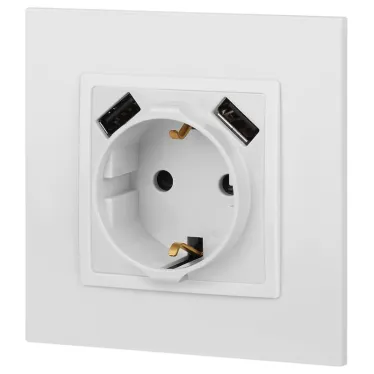 Розетка 2P+E 16A-250В, штор. с 2xUSB 5В-3А, Эра Elegance, белый 14-4109-01