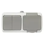 Блок розетка Мурманск 1-м 16А с заземлением с крышкой + двухклавишный выключатель IP54 серый