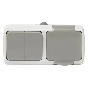 Блок розетка Мурманск 1-м 16А с заземлением с крышкой + двухклавишный выключатель IP54 серый