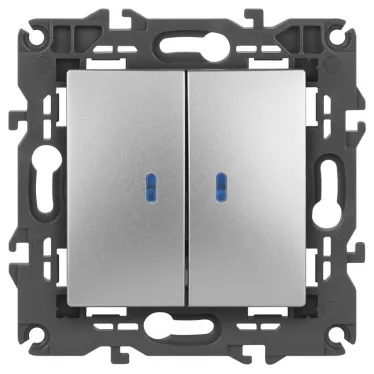 Выключатель двойной с подсветкой, 10АХ-250В, Эра Elegance, алюминий,14-1105-03