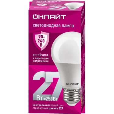 Лампа светодиодная 27вт OLL-A60-27-230-4K-E27 PRO 90-240В ОНЛАЙТ