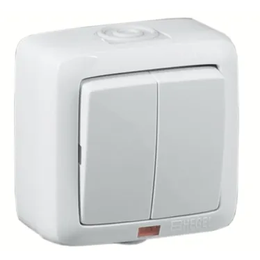 Выключатель двухклавишный наружный с индикацией белый IP44 16А