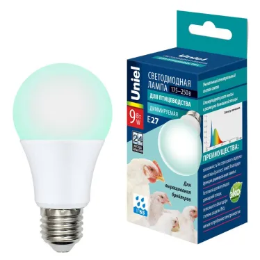 Лампа светодиодная диммируемая для бройлеров. Спектр синий и зеленый. LED-A60-9W/SCBG/E27/FR/DIM IP65 PLO65WH