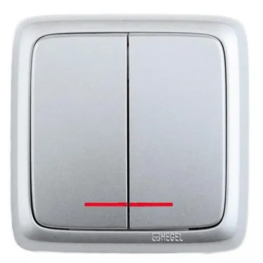 Выключатель двухклавишный наружный с изоляционной пластиной с индикацией серебро 10А