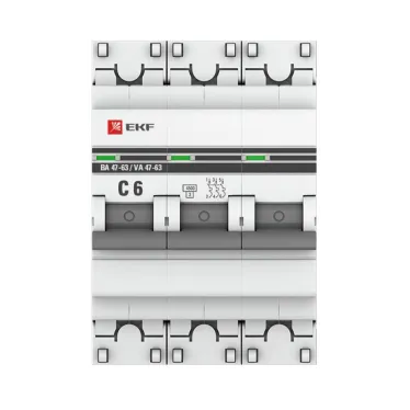 Выключатель автоматический трехполюсный 6А С ВА47-63 4.5кА PROxima