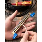 Шина 0 N (8х12мм) 18 отверстий латунь 2 синих угловых изолятора PROxima