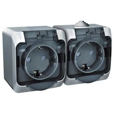 ЭТЮД Розетка двойная наружная с заземлением со шторками IP44 серая