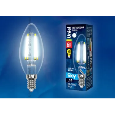 Лампа светодиодная LED 6вт 200-250В свеча прозрачное 500Лм Е14 4000К Sky филамент