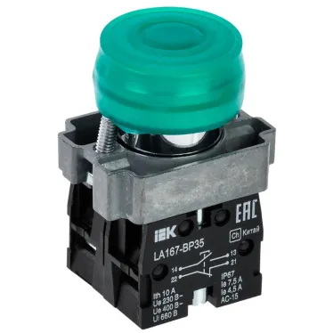 Кнопка LA167-BP35 d-22мм 1з+1р зеленая