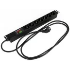 Блок розеток для 19' шкафов. горизонтальный. 7 розеток Schuko. амперметр/вольтметр. кабель питания 2.5м (3х1.5мм2) с вилкой Schuko 16A. 250В. 482.6x44.4x44.4мм (ШхГхВ). корпус алюминий. черный