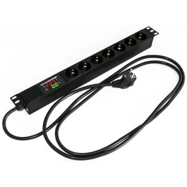 Блок розеток для 19' шкафов. горизонтальный. 7 розеток Schuko. амперметр/вольтметр. кабель питания 2.5м (3х1.5мм2) с вилкой Schuko 16A. 250В. 482.6x44.4x44.4мм (ШхГхВ). корпус алюминий. черный