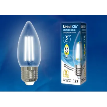 LED-C35-5W/NW/E27/CL/DIM GLA01TR Лампа светодиодная диммируемая. Форма свеча, прозрачная. Серия Air. Белый свет (4000K). Картон. ТМ