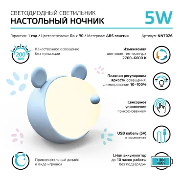 Светильник ночник настольный 5 Вт 200 лм 2700-6000К DC 5В Голубой IP20 100х100х109мм с Li-ion акк 1200мА диммируемый Qplus Gauss