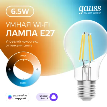 Лампа светодиодная филаментная Smart Home DIM+CCT E27 A60 6,5Вт 2000-6500 К 1/10/40 | 1220112 | Gauss