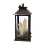 Декоративный фонарь со свечкой и шишкой, бронзовый корпус, размер 14x14x27 см, цвет теплый белый | 513-048 | NEON-NIGHT