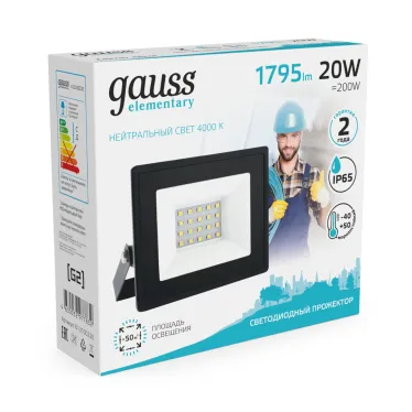Прожектор светодиодный Elementary 20W 1745lm 4000К 200-240V IP65 черный LED 1/20 | 613100220 | Gauss