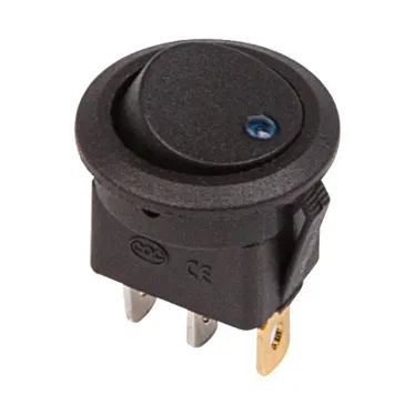 Выключатель клавишный круглый 12V 16А (3с) ON-OFF черный с синей подсветкой